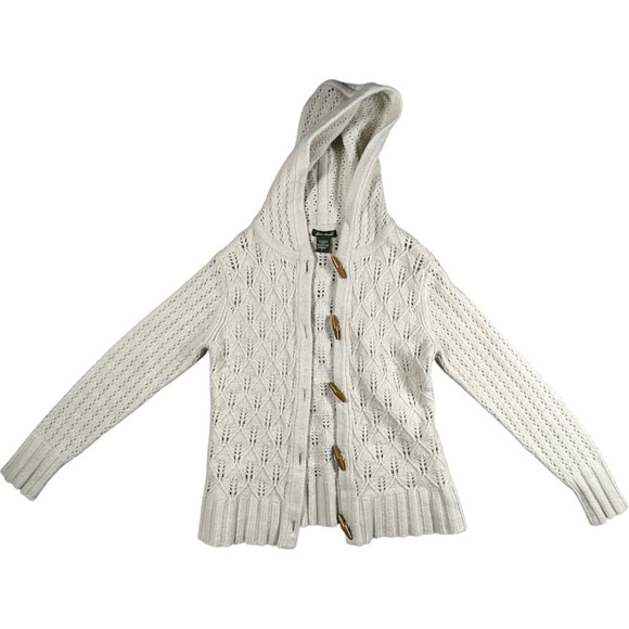 Eddie Bauer Wool Blend Cardigan Sweater Wood Toggle Buttons Cream Large Hood - Picture 2 of 9